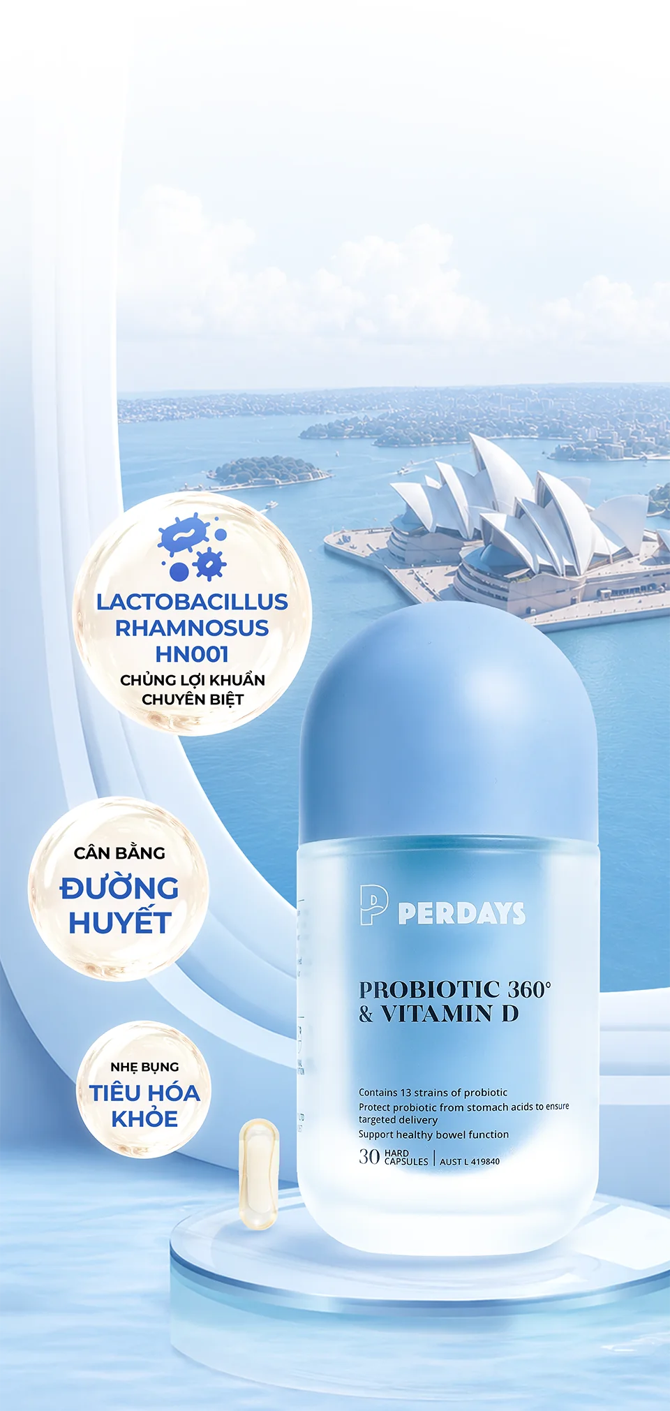 Perdays Probiotic 360° & Vitamin D - chủng lợi khuẩn Lactobacillus Rhamnosus HN001, cân bằng đường huyết, nhẹ bụng tiêu hóa khỏe