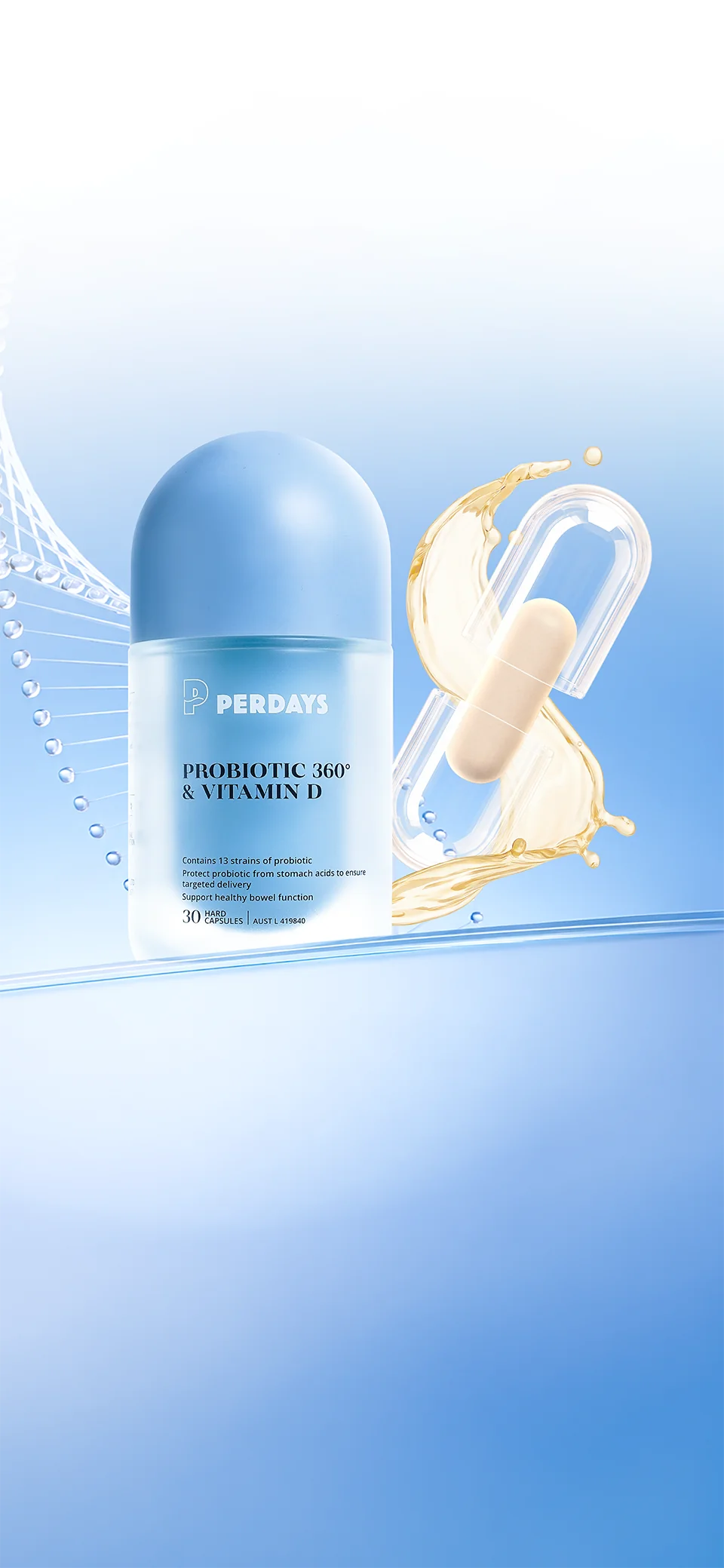 Lọ Perdays Probiotic 360° & Vitamin D cùng chuỗi ADN và viên nang